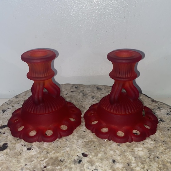 Vintage Westmoreland Handmade Red Glass Satin Mist Doric Lace Candle Holder Pair - Picture 5 of 12